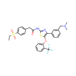 CCS(=O)(=O)c1ccc(CC(=O)Nc2nc(-c3cccc(CN(C)C)c3)c(Oc3ccccc3C(F)(F)F)s2)cc1 ZINC000217757676