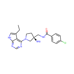 CCc1c[nH]c2ncnc(N3CC[C@](N)(CNC(=O)c4ccc(Cl)cc4)C3)c12 ZINC000053226552