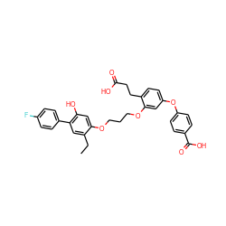 CCc1cc(-c2ccc(F)cc2)c(O)cc1OCCCOc1cc(Oc2ccc(C(=O)O)cc2)ccc1CCC(=O)O ZINC000026180341