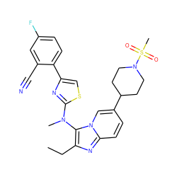CCc1nc2ccc(C3CCN(S(C)(=O)=O)CC3)cn2c1N(C)c1nc(-c2ccc(F)cc2C#N)cs1 ZINC000217777972