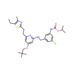 CCc1sc(CCc2cc(OCC(C)(C)C)cc(NCc3cc(Cl)cc(NC(=O)OC(C)C)c3)n2)nc1C ZINC000029470444