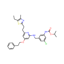 CCc1sc(CCc2cc(OCCc3ccccc3)cc(NCc3cc(Cl)cc(NC(=O)OC(C)C)c3)n2)nc1C ZINC000029468436