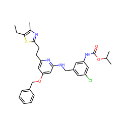 CCc1sc(CCc2cc(OCc3ccccc3)cc(NCc3cc(Cl)cc(NC(=O)OC(C)C)c3)n2)nc1C ZINC000029414468