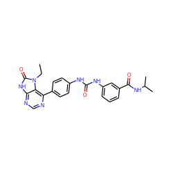 CCn1c(=O)[nH]c2ncnc(-c3ccc(NC(=O)Nc4cccc(C(=O)NC(C)C)c4)cc3)c21 ZINC000073276978