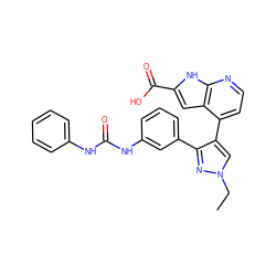 CCn1cc(-c2ccnc3[nH]c(C(=O)O)cc23)c(-c2cccc(NC(=O)Nc3ccccc3)c2)n1 ZINC000073296619