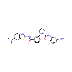 CN(C)[C@H]1CCc2nc(NC(=O)c3cccc([C@H]4CCCN4C(=O)Nc4cccc(C#N)c4)c3)sc2C1 ZINC000141656074