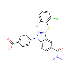 CN(C)C(=O)c1ccc2c(c1)c(Sc1c(Cl)cccc1Cl)nn2-c1ccc(C(=O)O)cc1 ZINC001772589689