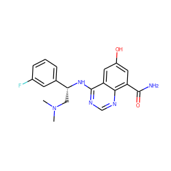 CN(C)C[C@@H](Nc1ncnc2c(C(N)=O)cc(O)cc12)c1cccc(F)c1 ZINC000114345904