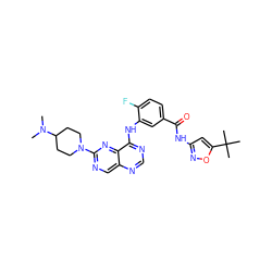 CN(C)C1CCN(c2ncc3ncnc(Nc4cc(C(=O)Nc5cc(C(C)(C)C)on5)ccc4F)c3n2)CC1 ZINC000148278896