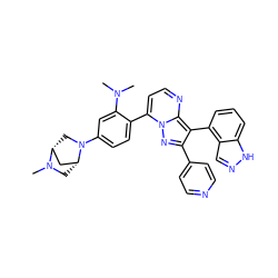 CN(C)c1cc(N2C[C@@H]3C[C@H]2CN3C)ccc1-c1ccnc2c(-c3cccc4[nH]ncc34)c(-c3ccncc3)nn12 ZINC000064453614