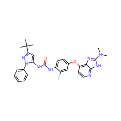 CN(C)c1nc2c(Oc3ccc(NC(=O)Nc4cc(C(C)(C)C)nn4-c4ccccc4)c(F)c3)ccnc2[nH]1 ZINC000058582449