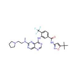 CN(CCN1CCCC1)c1ncc2ncnc(Nc3cc(C(=O)Nc4cc(C(C)(C)C)on4)ccc3C(F)(F)F)c2n1 ZINC000148081410