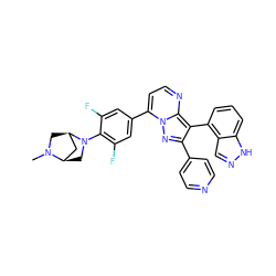 CN1C[C@@H]2C[C@H]1CN2c1c(F)cc(-c2ccnc3c(-c4cccc5[nH]ncc45)c(-c4ccncc4)nn23)cc1F ZINC000064453994