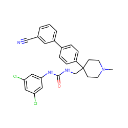 CN1CCC(CNC(=O)Nc2cc(Cl)cc(Cl)c2)(c2ccc(-c3cccc(C#N)c3)cc2)CC1 ZINC000028116474
