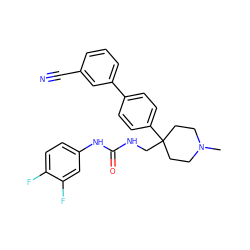 CN1CCC(CNC(=O)Nc2ccc(F)c(F)c2)(c2ccc(-c3cccc(C#N)c3)cc2)CC1 ZINC000028126509
