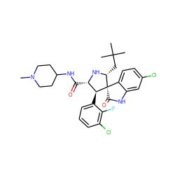 CN1CCC(NC(=O)[C@@H]2N[C@H](CC(C)(C)C)[C@]3(C(=O)Nc4cc(Cl)ccc43)[C@H]2c2cccc(Cl)c2F)CC1 ZINC000146995889