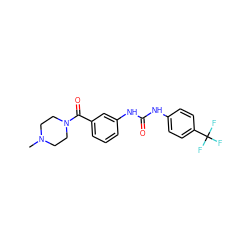 CN1CCN(C(=O)c2cccc(NC(=O)Nc3ccc(C(F)(F)F)cc3)c2)CC1 ZINC000049124741