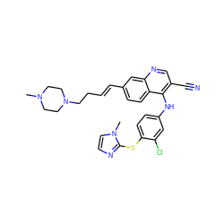 CN1CCN(CC/C=C/c2ccc3c(Nc4ccc(Sc5nccn5C)c(Cl)c4)c(C#N)cnc3c2)CC1 ZINC000042888648