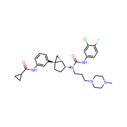 CN1CCN(CCCN(C(=O)Nc2ccc(F)c(Cl)c2)[C@@H]2CC[C@]3(c4cccc(NC(=O)C5CC5)c4)C[C@H]23)CC1 ZINC000036351599