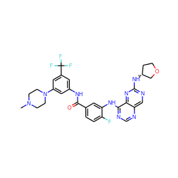 CN1CCN(c2cc(NC(=O)c3ccc(F)c(Nc4ncnc5cnc(N[C@@H]6CCOC6)nc45)c3)cc(C(F)(F)F)c2)CC1 ZINC000148273294