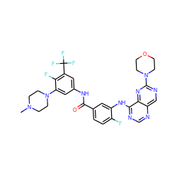 CN1CCN(c2cc(NC(=O)c3ccc(F)c(Nc4ncnc5cnc(N6CCOCC6)nc45)c3)cc(C(F)(F)F)c2F)CC1 ZINC000165273867