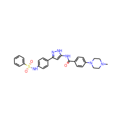 CN1CCN(c2ccc(C(=O)Nc3cc(-c4ccc(NS(=O)(=O)c5ccccc5)cc4)n[nH]3)cc2)CC1 ZINC000072178245