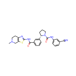 CN1CCc2nc(NC(=O)c3cccc([C@@H]4CCCN4C(=O)Nc4cccc(C#N)c4)c3)sc2C1 ZINC000113564800