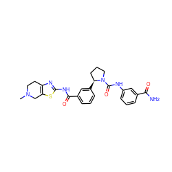 CN1CCc2nc(NC(=O)c3cccc([C@H]4CCCN4C(=O)Nc4cccc(C(N)=O)c4)c3)sc2C1 ZINC000113581380