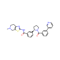 CN1CCc2nc(NC(=O)c3cccc([C@H]4CCCN4C(=O)c4cccc(-c5cccnc5)c4)c3)sc2C1 ZINC000199994642