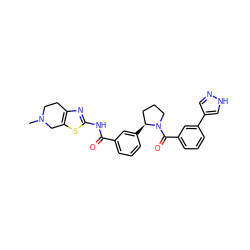 CN1CCc2nc(NC(=O)c3cccc([C@H]4CCCN4C(=O)c4cccc(-c5cn[nH]c5)c4)c3)sc2C1 ZINC000141717729