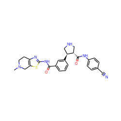 CN1CCc2nc(NC(=O)c3cccc([C@H]4CNC[C@@H]4C(=O)Nc4ccc(C#N)cc4)c3)sc2C1 ZINC000141655647
