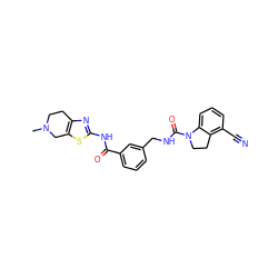 CN1CCc2nc(NC(=O)c3cccc(CNC(=O)N4CCc5c(C#N)cccc54)c3)sc2C1 ZINC000167960788