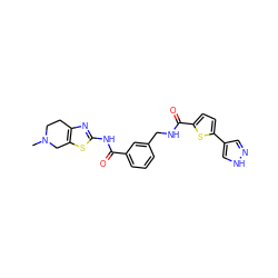 CN1CCc2nc(NC(=O)c3cccc(CNC(=O)c4ccc(-c5cn[nH]c5)s4)c3)sc2C1 ZINC000167964113