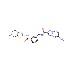 CN1CCc2nc(NC(=O)c3cccc(CNC(=O)c4cn5cc(C#N)ccc5n4)c3)sc2C1 ZINC000167960543