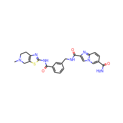 CN1CCc2nc(NC(=O)c3cccc(CNC(=O)c4cn5cc(C(N)=O)ccc5n4)c3)sc2C1 ZINC000167975497