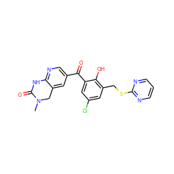 CN1Cc2cc(C(=O)c3cc(Cl)cc(CSc4ncccn4)c3O)cnc2NC1=O ZINC000009414890