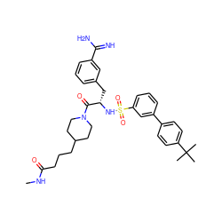 CNC(=O)CCCC1CCN(C(=O)[C@H](Cc2cccc(C(=N)N)c2)NS(=O)(=O)c2cccc(-c3ccc(C(C)(C)C)cc3)c2)CC1 ZINC000096175796