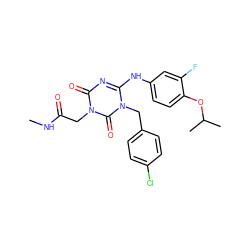 CNC(=O)Cn1c(=O)nc(Nc2ccc(OC(C)C)c(F)c2)n(Cc2ccc(Cl)cc2)c1=O ZINC000145583435