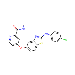 CNC(=O)c1cc(Oc2ccc3sc(Nc4ccc(Cl)cc4)nc3c2)ccn1 ZINC000071341635
