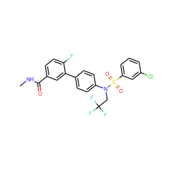 CNC(=O)c1ccc(F)c(-c2ccc(N(CC(F)(F)F)S(=O)(=O)c3cccc(Cl)c3)cc2)c1 ZINC000653917168