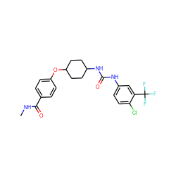 CNC(=O)c1ccc(OC2CCC(NC(=O)Nc3ccc(Cl)c(C(F)(F)F)c3)CC2)cc1 ZINC000096272361