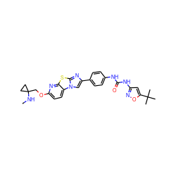CNC1(COc2ccc3c(n2)sc2nc(-c4ccc(NC(=O)Nc5cc(C(C)(C)C)on5)cc4)cn23)CC1 ZINC000148931401