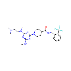CNc1nc(N(C)CCN(C)C)nc(N2CCC(C(=O)NCc3ccccc3C(F)(F)F)CC2)n1 ZINC000059255381