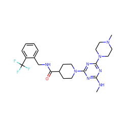 CNc1nc(N2CCC(C(=O)NCc3ccccc3C(F)(F)F)CC2)nc(N2CCN(C)CC2)n1 ZINC000059255385
