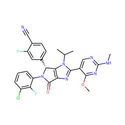 CNc1ncc(-c2nc3c(n2C(C)C)[C@@H](c2ccc(C#N)c(F)c2)N(c2cccc(Cl)c2F)C3=O)c(OC)n1 ZINC000169705783