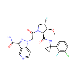 CO[C@@H]1[C@@H](F)CN(C(=O)Cn2nc(C(N)=O)c3cnccc32)[C@@H]1C(=O)NC1(c2cccc(Cl)c2F)CC1 ZINC000144003344