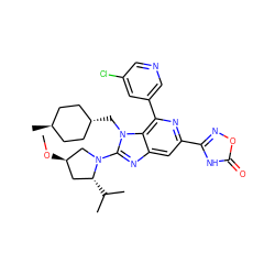 CO[C@@H]1C[C@@H](C(C)C)N(c2nc3cc(-c4noc(=O)[nH]4)nc(-c4cncc(Cl)c4)c3n2C[C@H]2CC[C@H](C)CC2)C1 ZINC000261155285