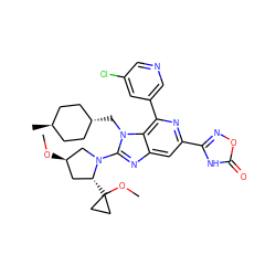 CO[C@@H]1C[C@@H](C2(OC)CC2)N(c2nc3cc(-c4noc(=O)[nH]4)nc(-c4cncc(Cl)c4)c3n2C[C@H]2CC[C@H](C)CC2)C1 ZINC000261114340