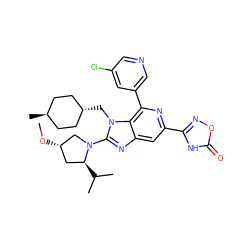 CO[C@H]1C[C@H](C(C)C)N(c2nc3cc(-c4noc(=O)[nH]4)nc(-c4cncc(Cl)c4)c3n2C[C@H]2CC[C@H](C)CC2)C1 ZINC001772619384