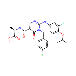 COC(=O)[C@@H](C)NC(=O)c1cnc(Nc2ccc(OC(C)C)c(F)c2)n(Cc2ccc(Cl)cc2)c1=O ZINC000221183081